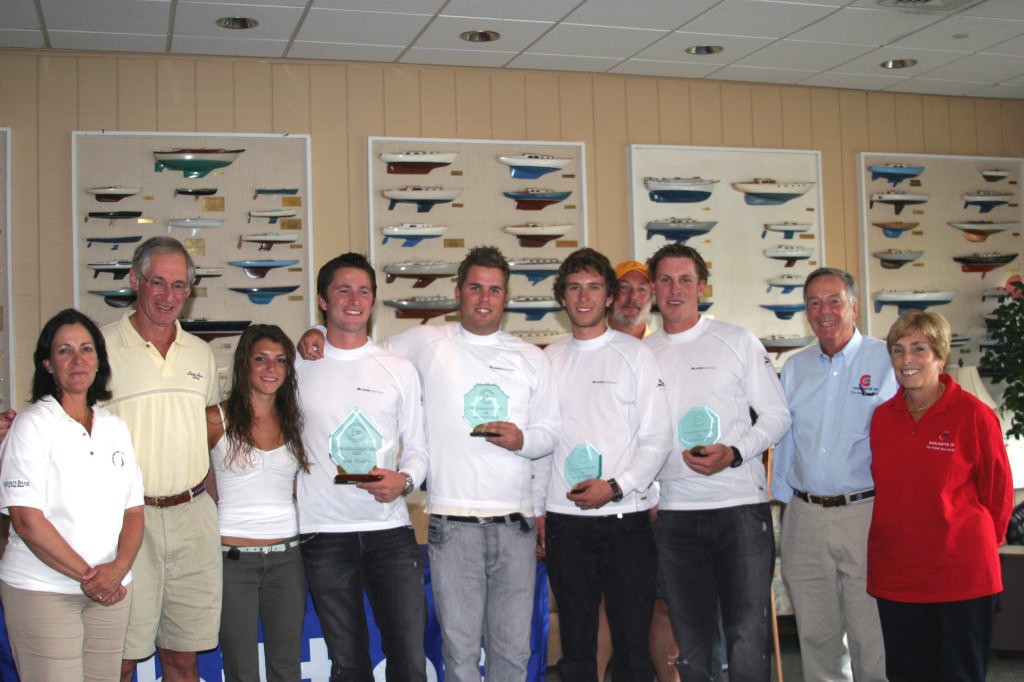 Team BlackMatch came in 2nd in the 2005 Knickerbocker Cup.  L to R:  Paula Davis, Event Chair, Richard du Moulin and Carrie Morea, son and granddaughter of the late Edward du Moulin, who founded the Knickerbocker Cup, Robert Lager, Knickerbocker YC Vice-Commodore, and Steve and Doris Colgate, who donated their Colgate 26s for the event.  © Andrea Watson www.sailingpress.com